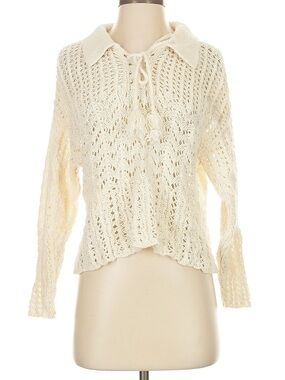 American Eagle Outfitters Cream Crochet Tie-Front Sweater